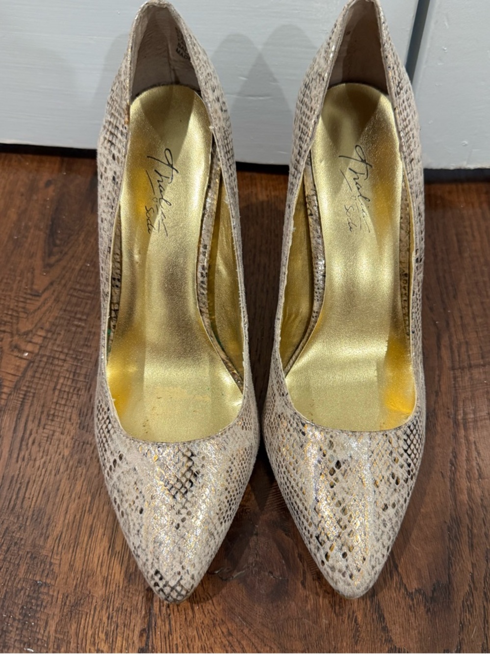 Thalia Sodi Taupe Snake-Print Pointed-Toe Pumps